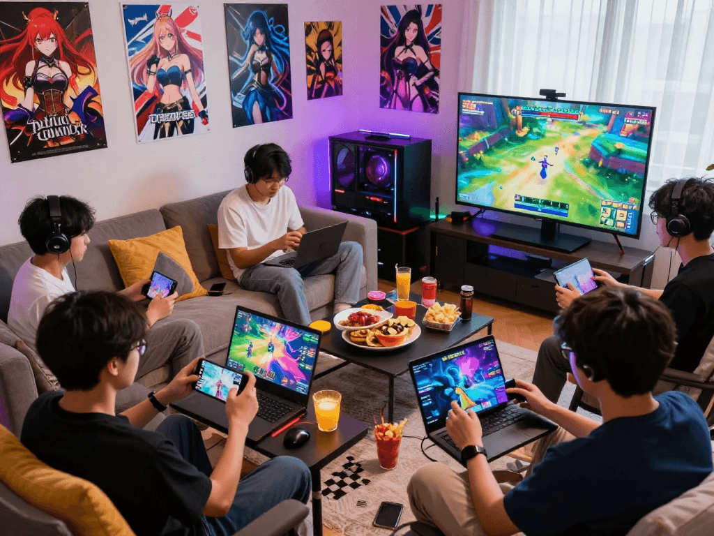 Group gamers enjoying a variety of hentai games on mobile and laptops in a vibrant home setup.