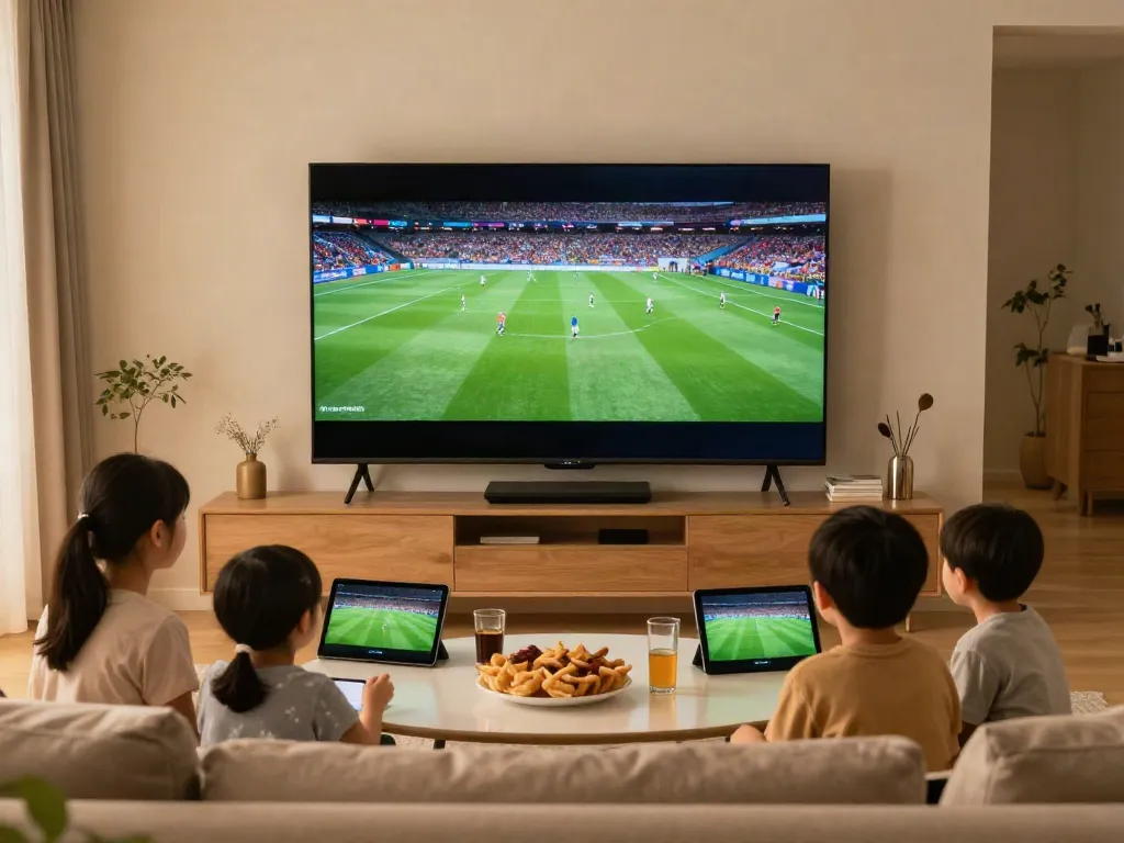 Family enjoying abbonamento IPTV in a cozy living room with sports on TV