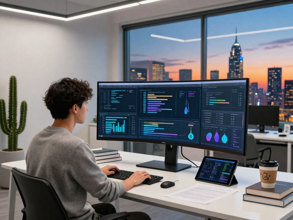 Engaging Juicy ai technology workspace scene with a data scientist analyzing AI algorithms and visualizations in a modern office.
