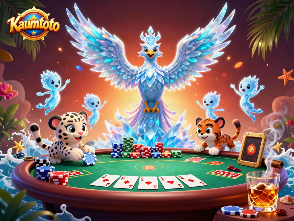 Engage with Kaumtoto's casino magic through a vibrant poker scene with whimsical characters and elements.