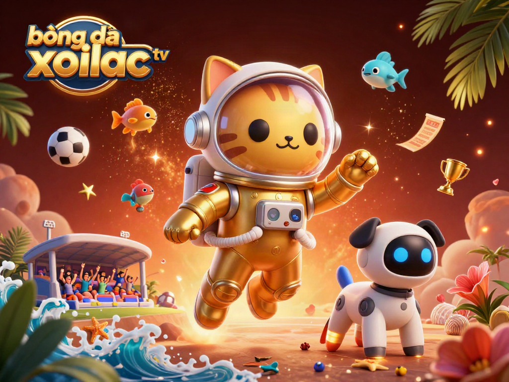 bóng đá trực tuyến xoilac tv showcases an energetic scene of a space cat and dog amidst sports betting elements.