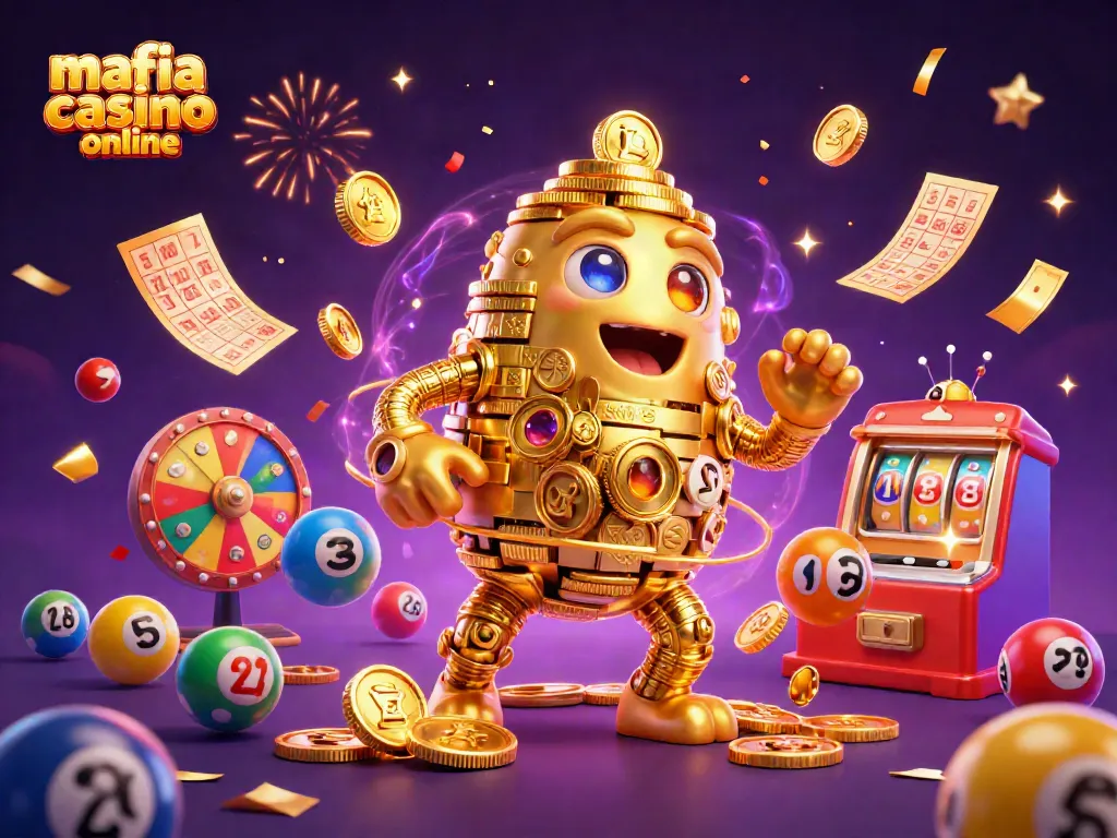 Mafia casino online illustration showcasing a golden golem surrounded by vibrant lottery elements, depicting gaming action.