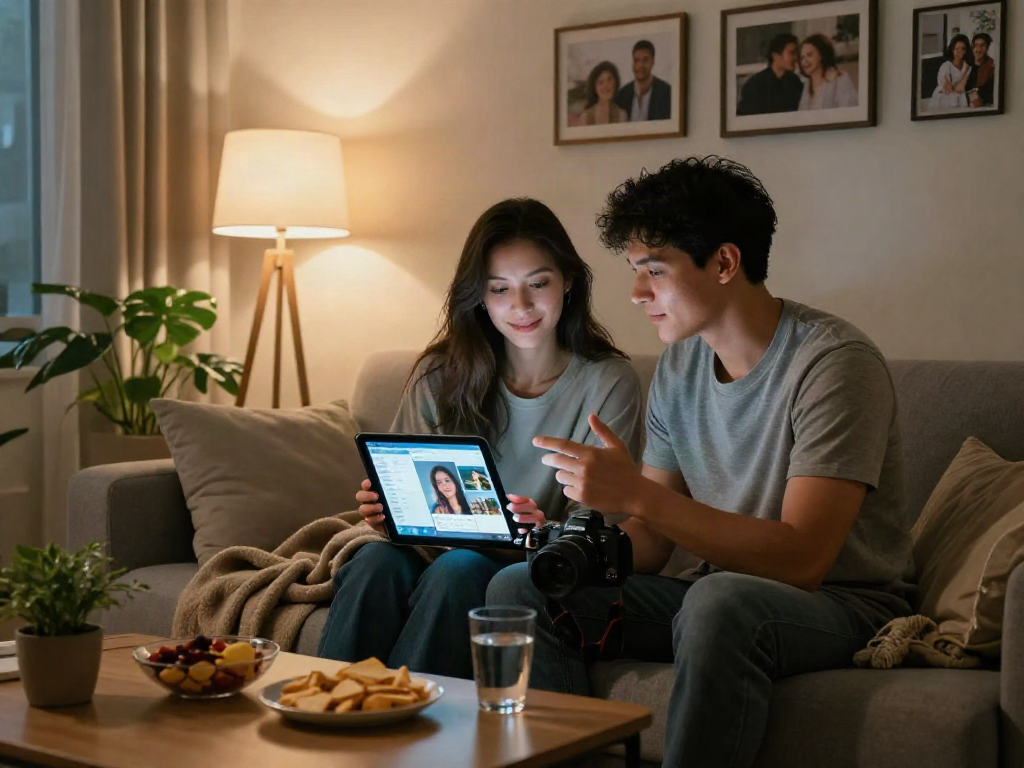 Couple using ai gf app for a virtual date in a cozy setting