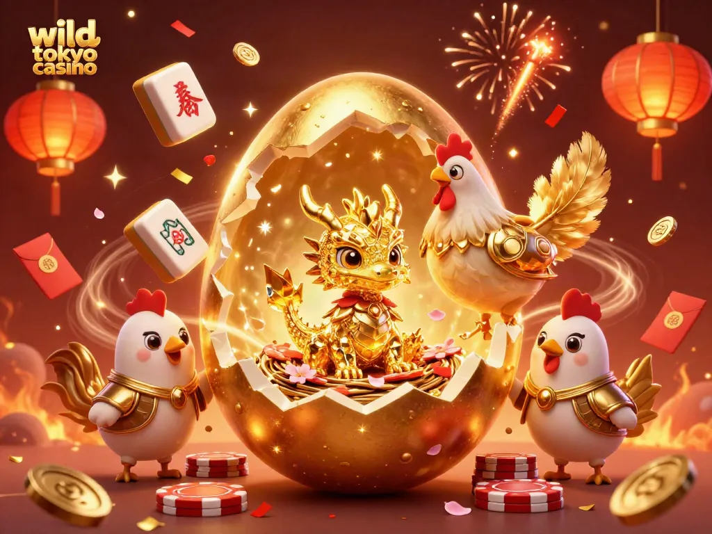 Win exciting rewards at wild tokyo casino with a dazzling scene featuring a golden dragon and poker chips.