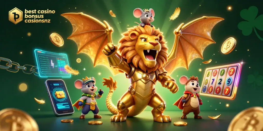 Maximize your play with the best casino bonuses casinosnz, featuring vibrant slot elements and crypto icons.