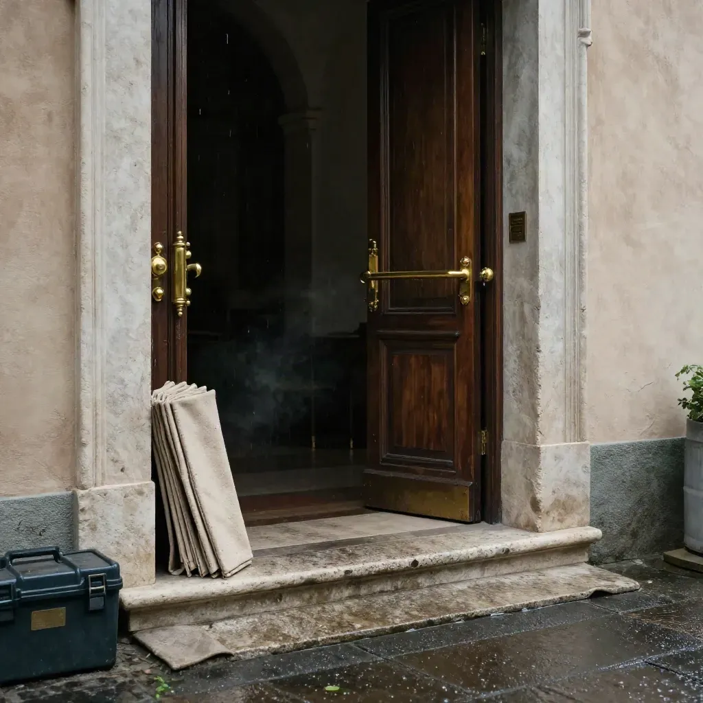 Ingresso in pietra di villa milanese dopo la pioggia, dettagli in ottone e luce drammatica