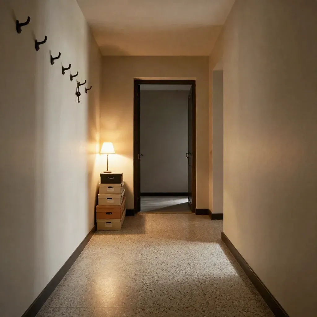 Ingresso di appartamento ristrutturato, pavimento in terrazzo, luci calde accese, ordine e quiete.