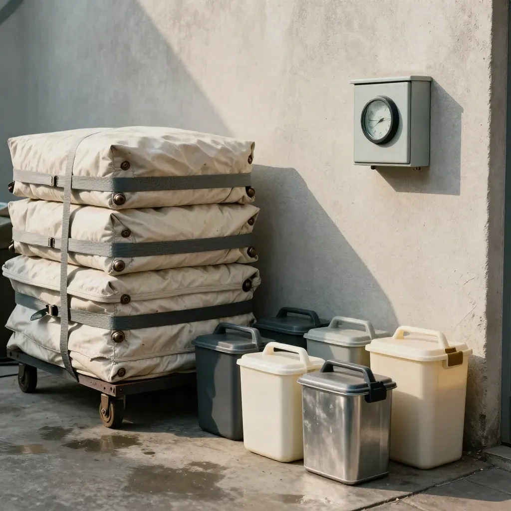 Angolo di manutenzione con coperture, timer e contenitori sigillati su cemento.
