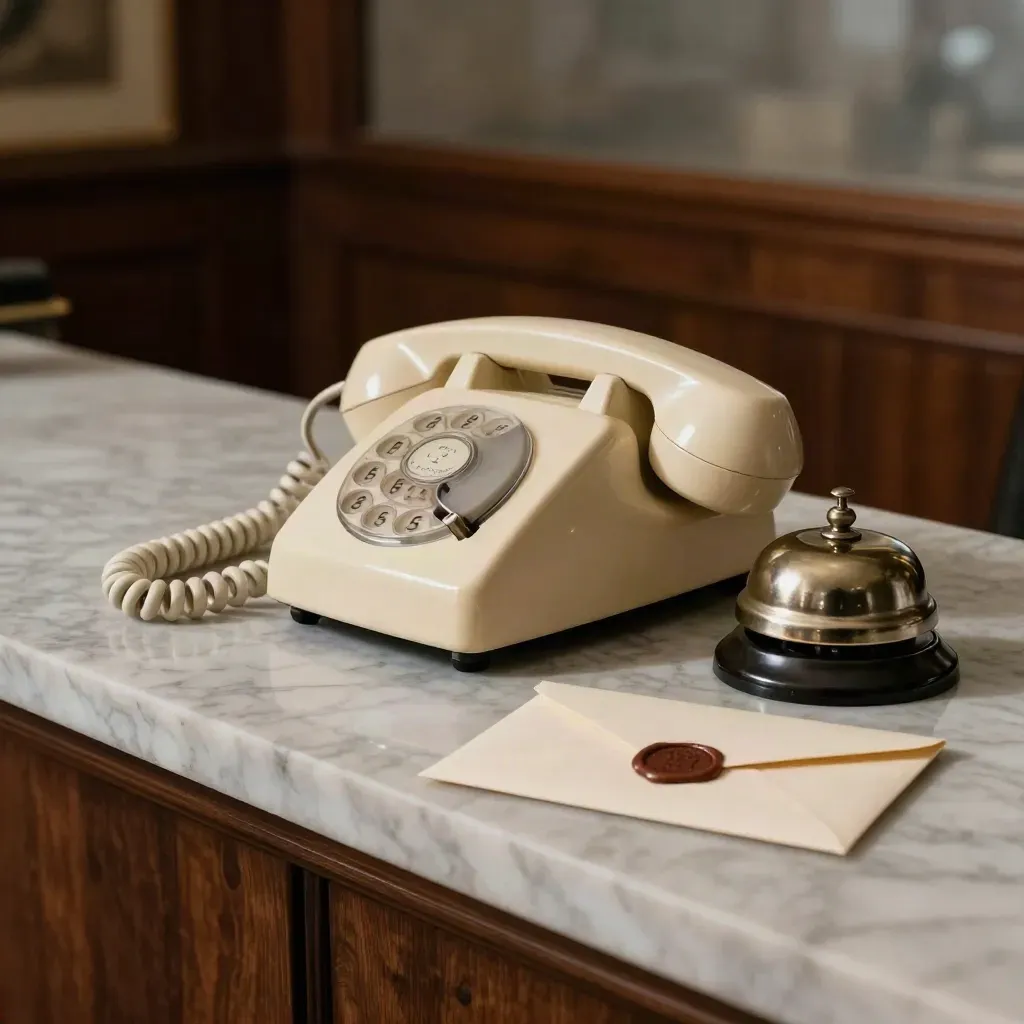 Ricevitore telefonico vintage, campanello di servizio e busta sigillata su marmo in luce drammatica