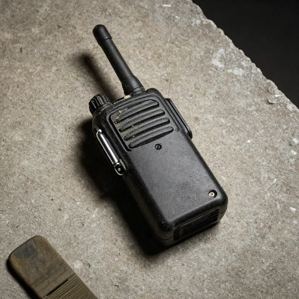 Radiotrasmittente, moschettone e cinturino graffiato su cemento polveroso