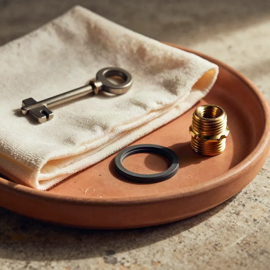 Panno in microfibra, guarnizione, raccordo in ottone e tappo di tenuta su vassoio rustico.