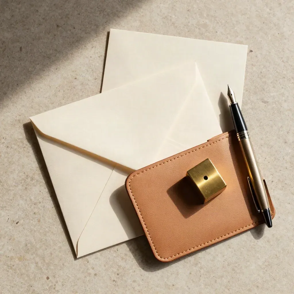 Flatlay di busta crema, penna stilografica, fermacarte in ottone e cartellina in pelle su pietra chiara.