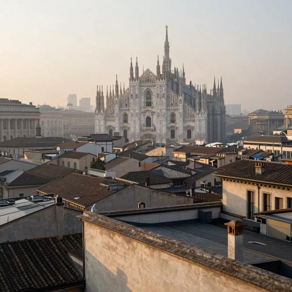 Skyline di Milano all’alba con Duomo, torri moderne e tetti in lieve nebbia