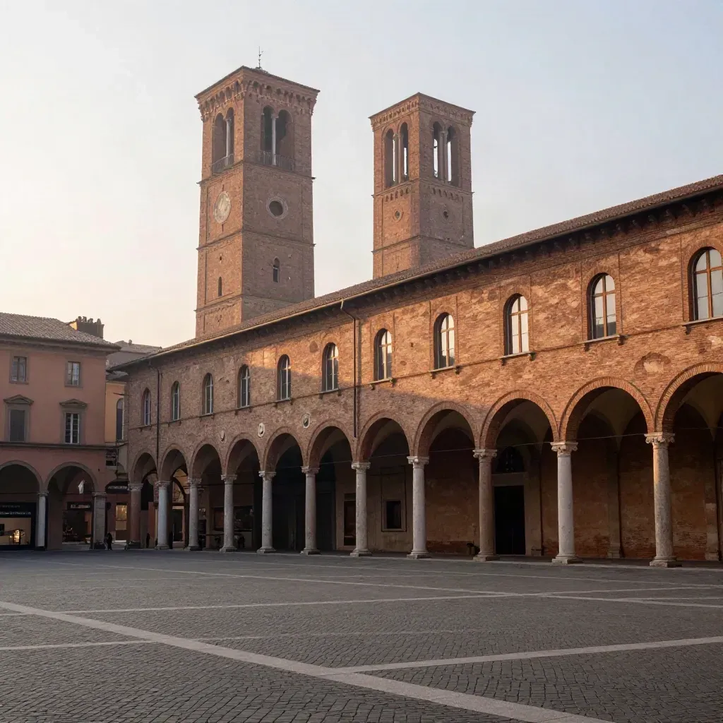 I portici di Bologna e le Due Torri all’alba, con luce calda e piazza calma.