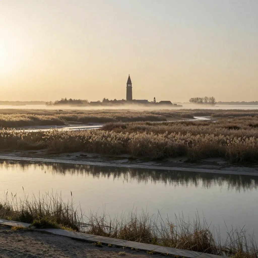 Campanile in controluce nella laguna veneta al tramonto, acqua e barene tranquille