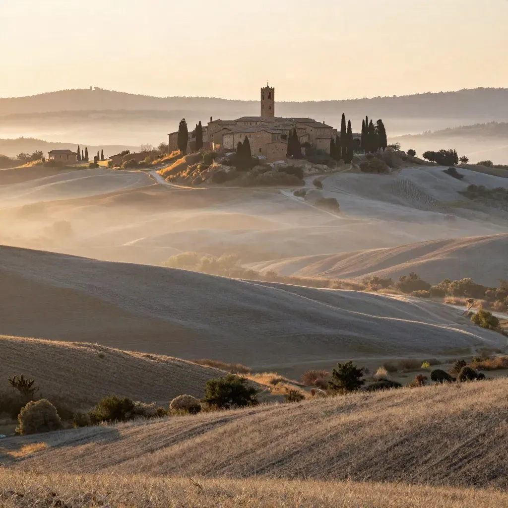 Val d’Orcia all’alba con borgo in collina, cipressi e nebbia tra le vallate