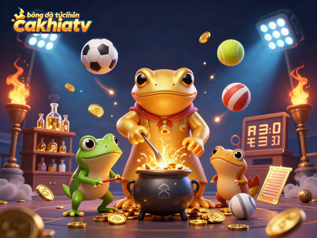 Bóng đá trực tuyến cakhiatv showcases dynamic sports betting with gambling-themed alchemy elements.