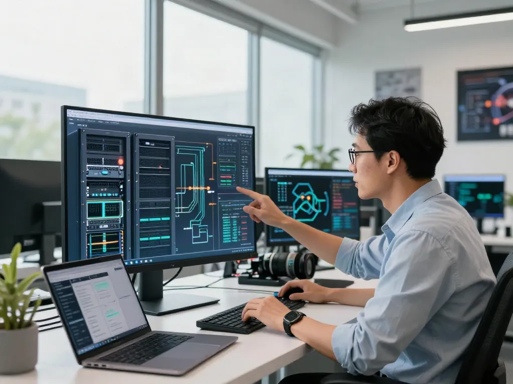 IT specialist analyzing rokok88 slot infrastructure with modern tech tools in a bright office.