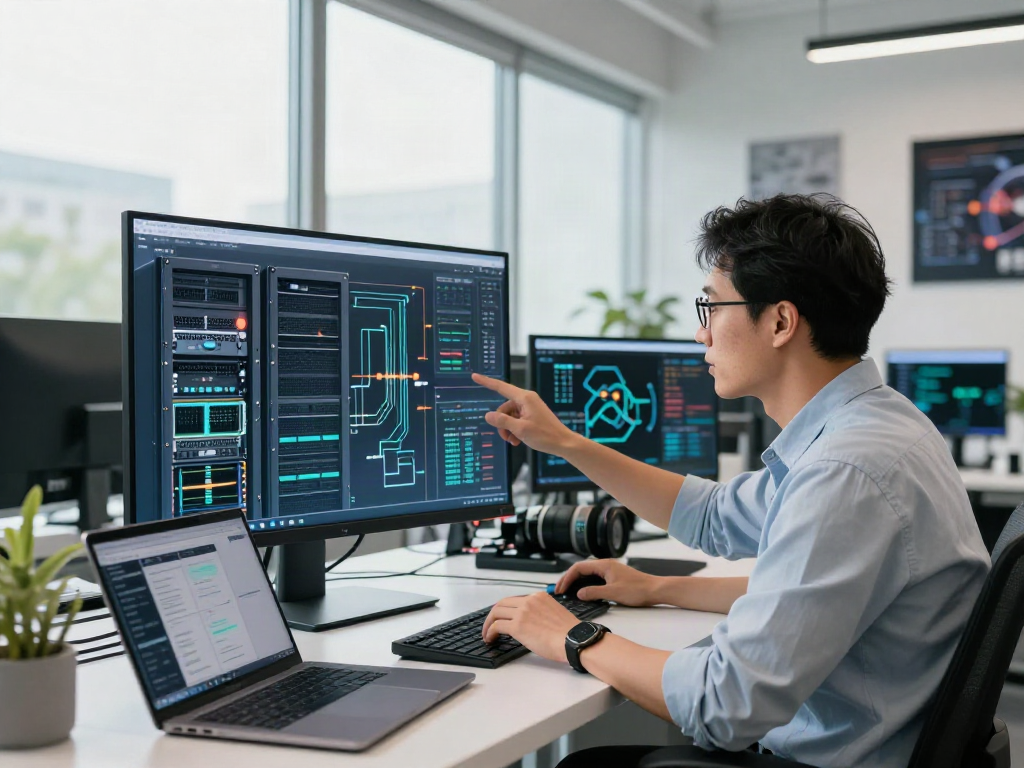 IT specialist analyzing rokok88 slot infrastructure with modern tech tools in a bright office.