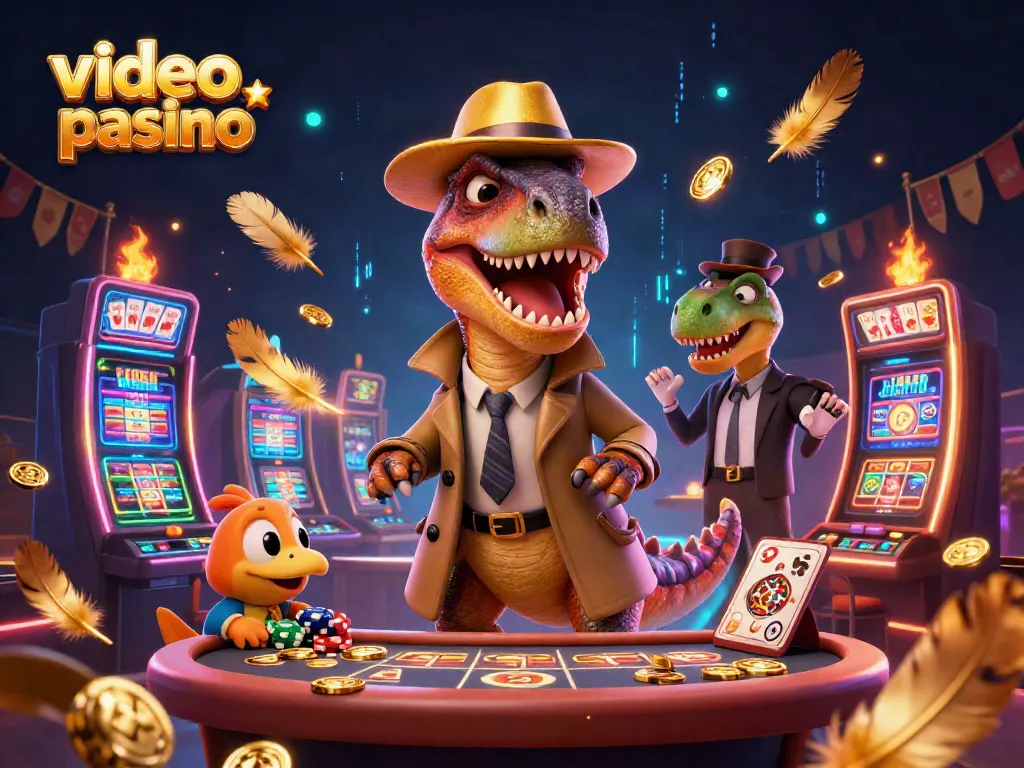 Engaging scene of a video poker casino featuring cartoon dinosaurs, showcasing strategy and excitement.