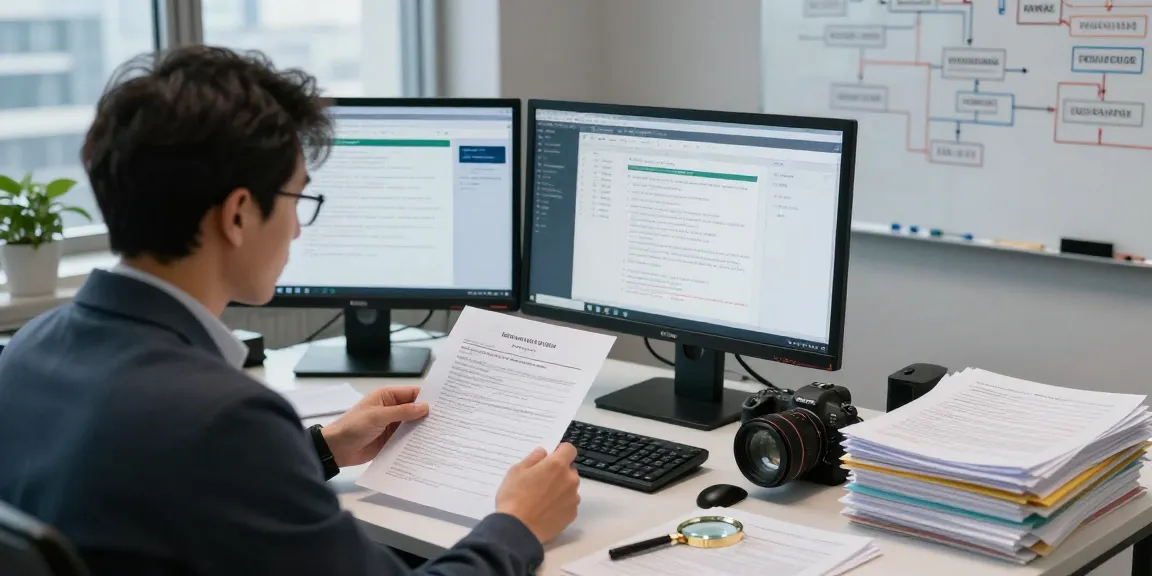 Document fraud detection process in office with analyst comparing physical and digital records.